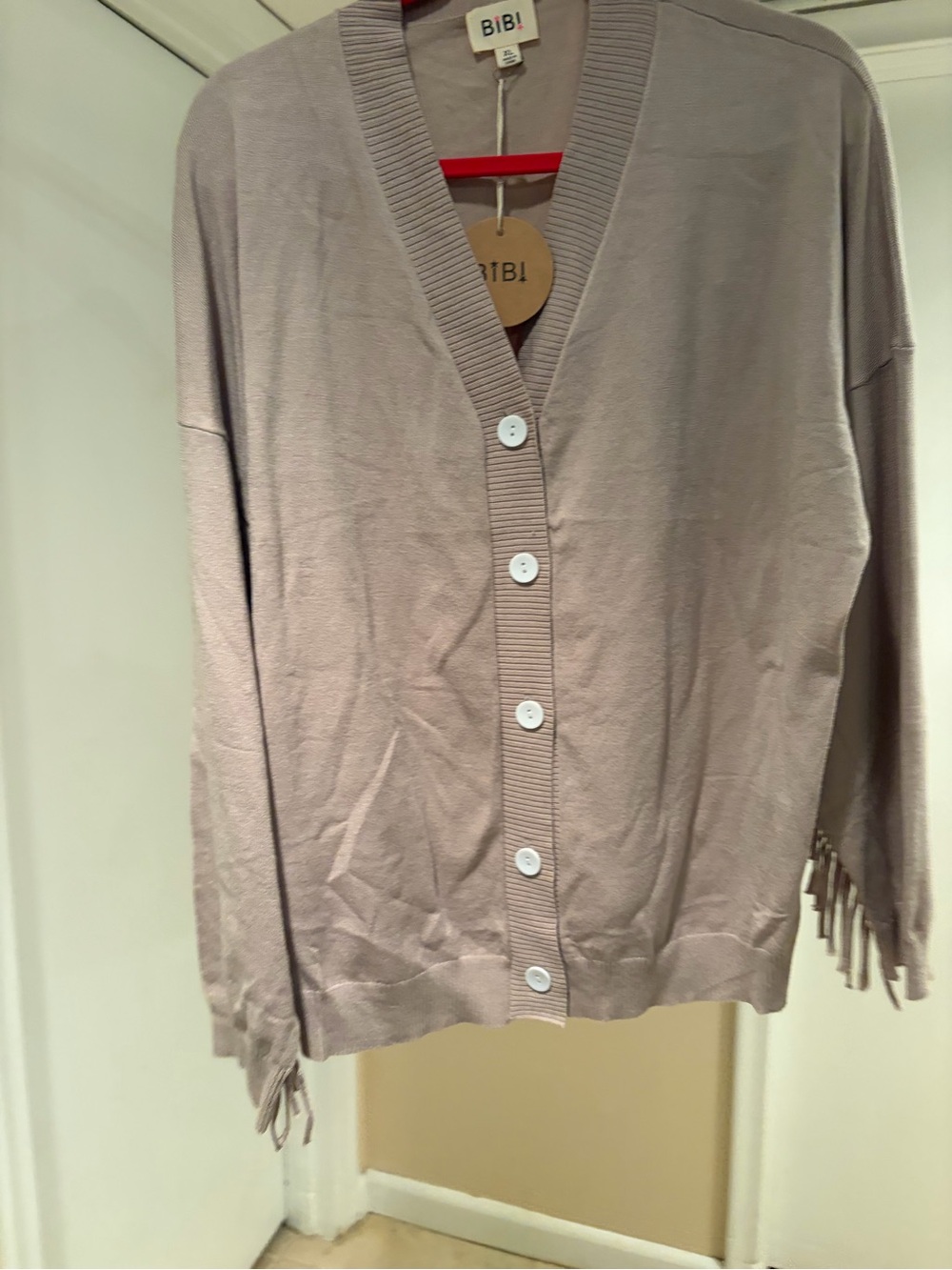 BiBi Taupe Fringe-Trim Button-Front Cardigan